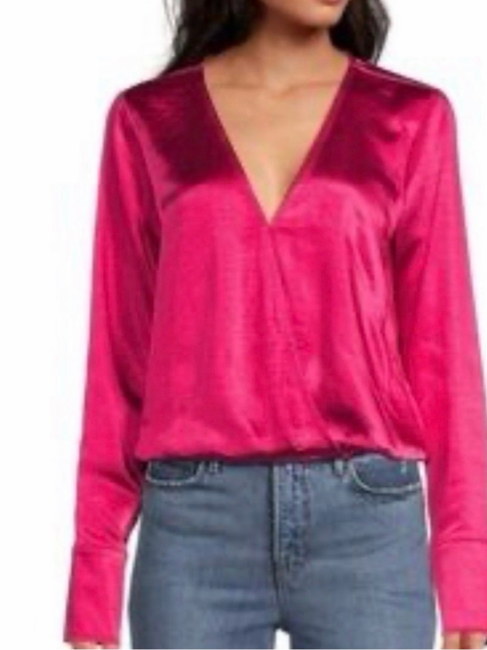 Good American Satin Wrap V-Neck Long Sleeve Blouse, NWT Size Large